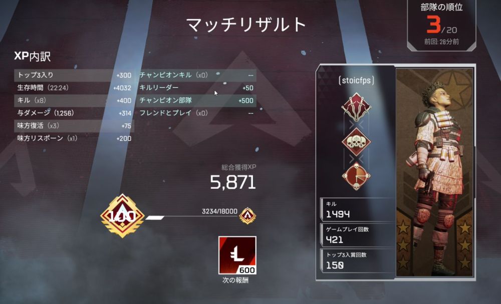 Apex Legends レベル ランク 100 達成 レベル101は無い ストイックにfps